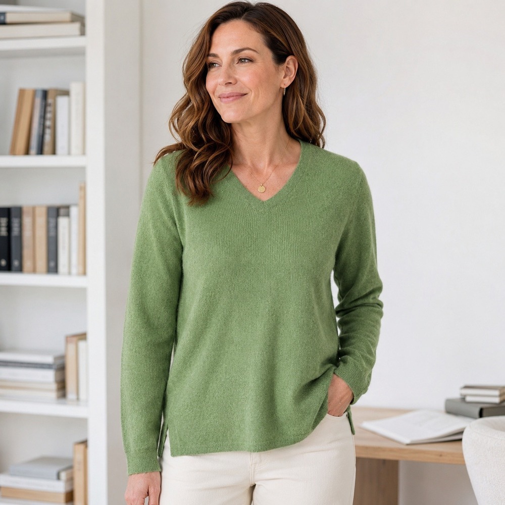 Peter Millar Women 100% Cashmere V-Neck Sweater XS Green Classic Minimalist